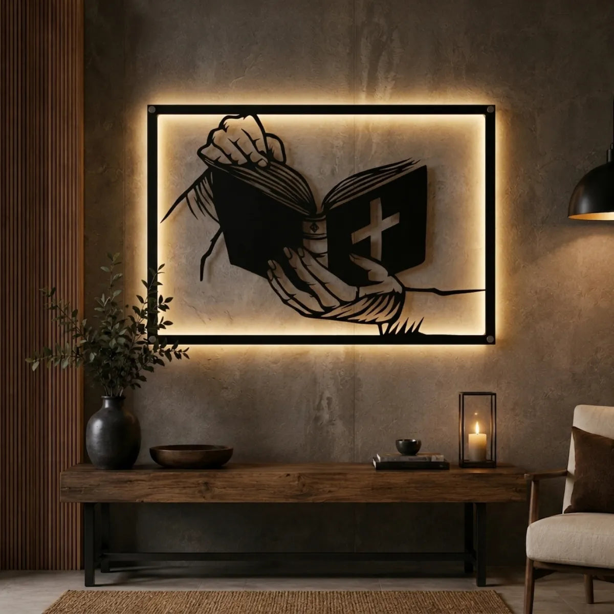 Cuadro decorativo religioso Biblia Abierta en acero cortado a láser, acabado negro mate