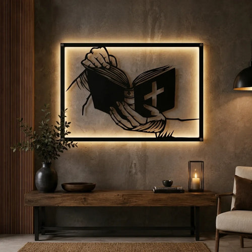 Cuadro decorativo religioso Biblia Abierta en acero cortado a láser, acabado negro mate