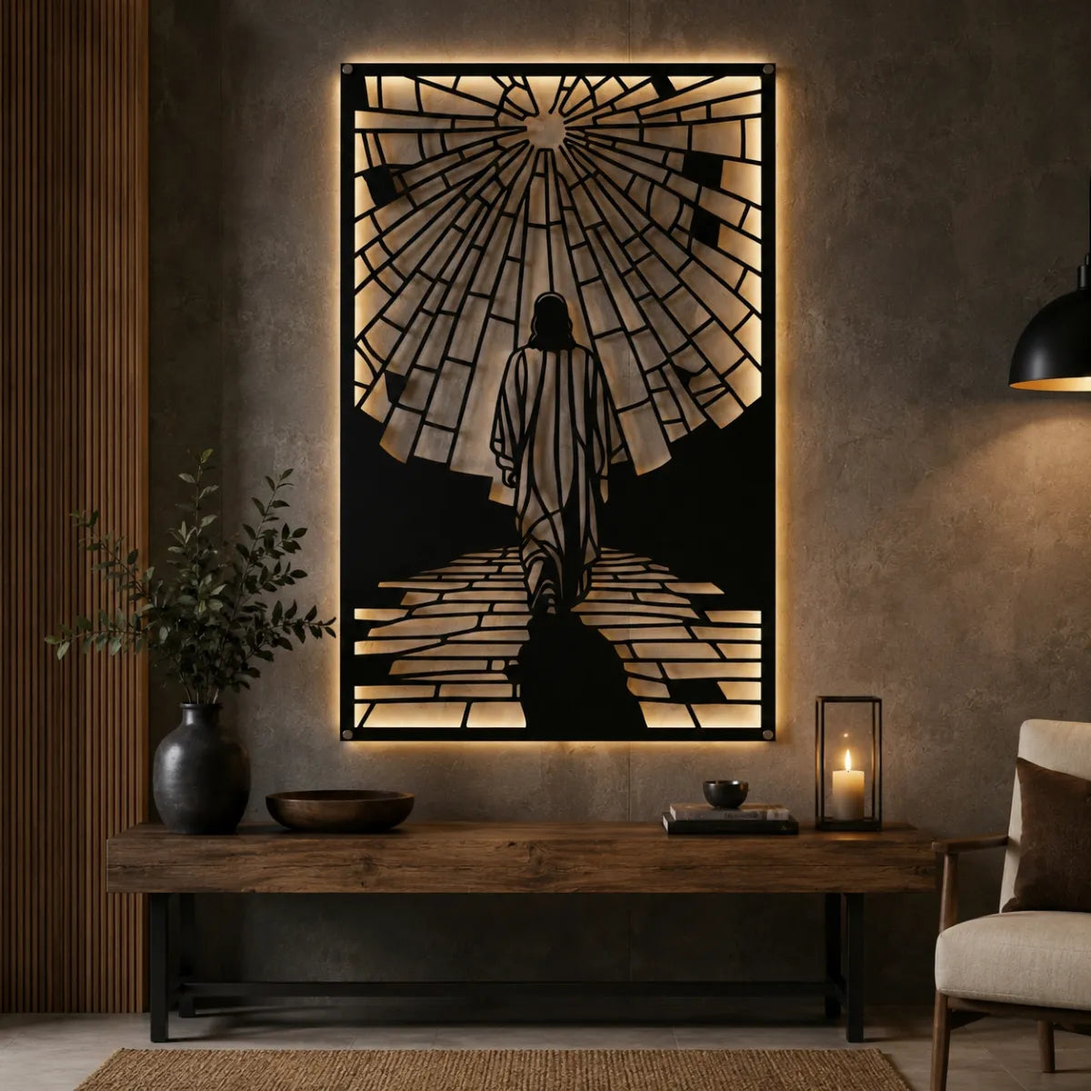 Cuadro decorativo religioso Camino al Cielo en acero cortado a láser, acabado negro mate