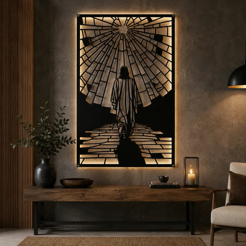 Cuadro decorativo religioso Camino al Cielo en acero cortado a láser, acabado negro mate