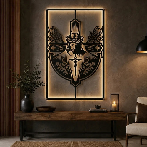 Cuadro decorativo religioso Cristo Protector en acero cortado a láser, acabado negro mate