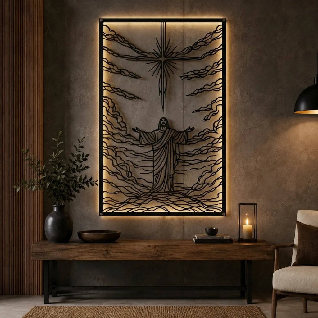 Cuadro decorativo religioso Cristo Redentor en acero cortado a láser, acabado negro mate
