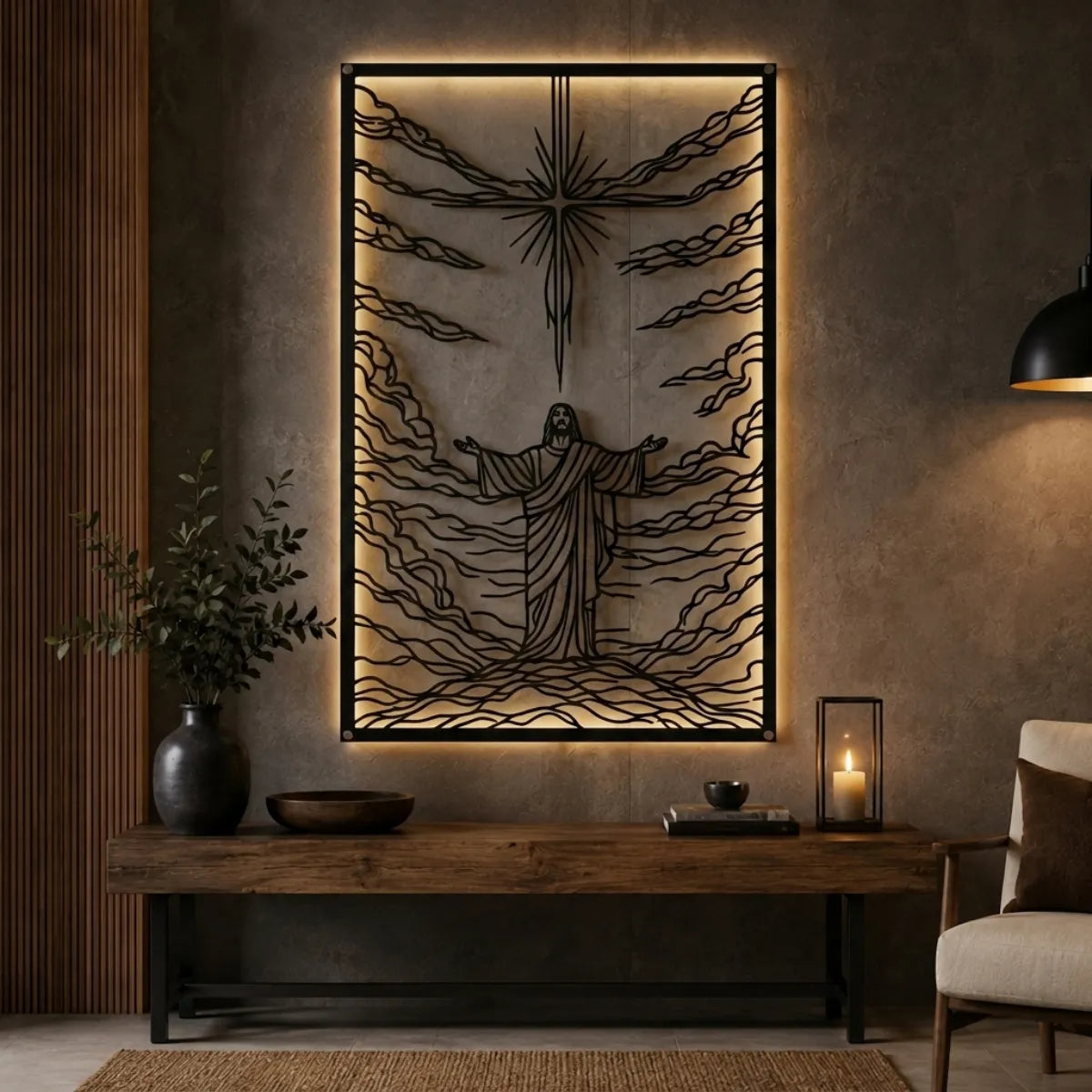 Cuadro decorativo religioso Cristo Redentor en acero cortado a láser, acabado negro mate