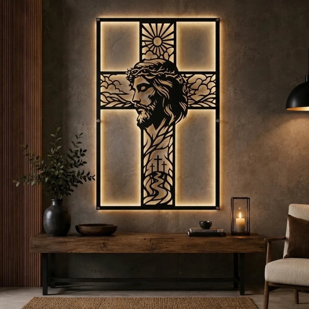 Cuadro decorativo religioso Cruz del Calvario en acero cortado a láser, acabado negro mate
