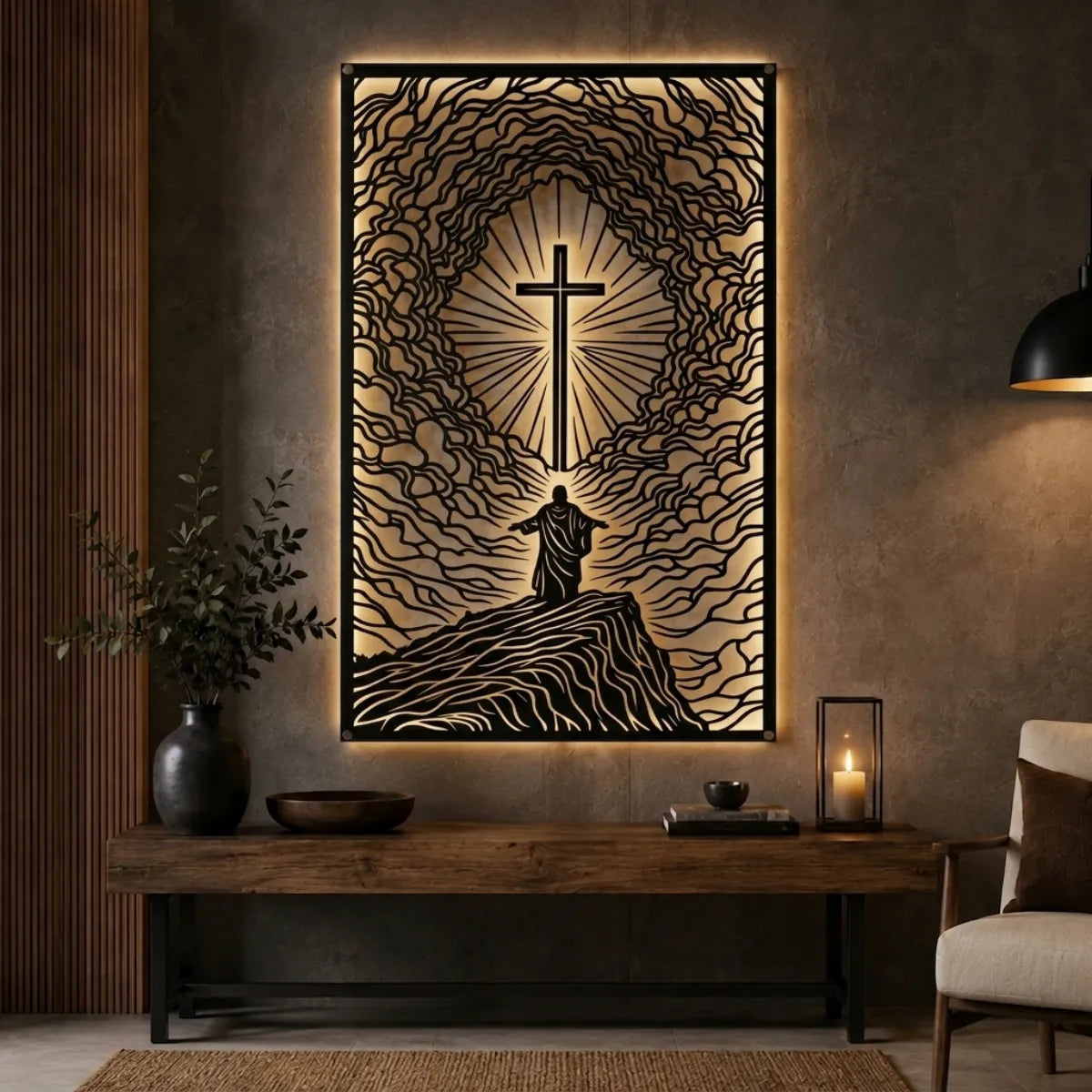 Cuadro decorativo religioso Cruz del Redentor en acero cortado a láser, acabado negro mate