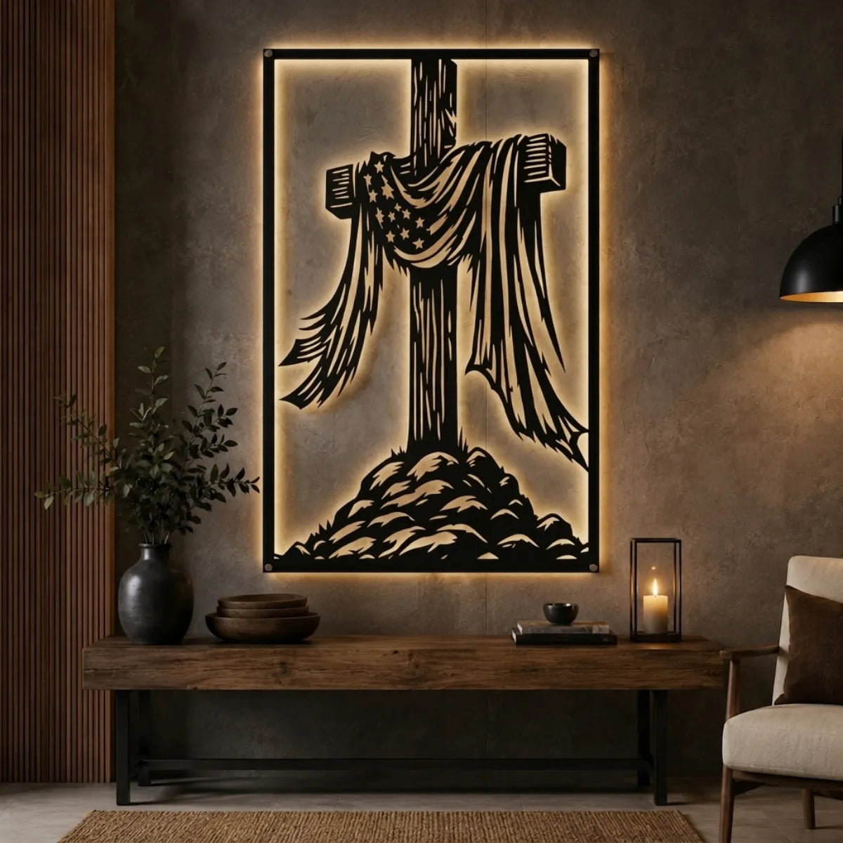 Cuadro decorativo religioso Cruz con Manto en acero cortado a láser, acabado negro mate