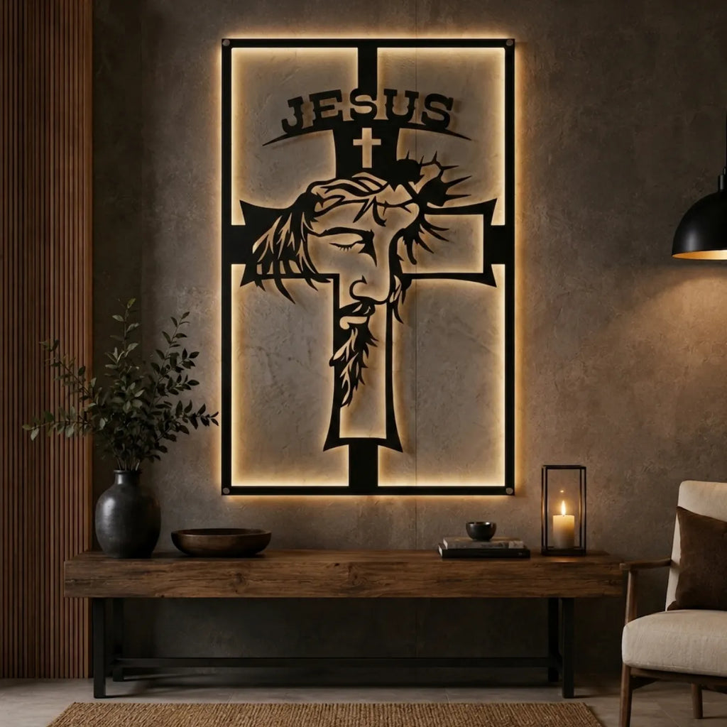 Cuadro decorativo religioso Cruz Jesús en acero cortado a láser, acabado negro mate