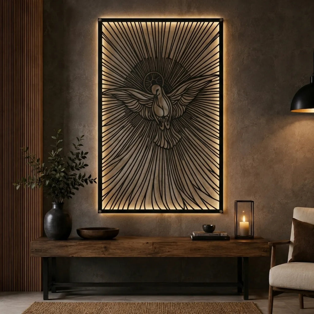 Cuadro decorativo religioso Espíritu Santo en acero cortado a láser, acabado negro mate