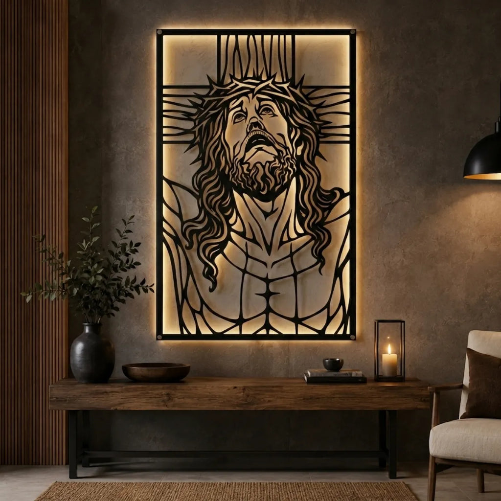 Cuadro decorativo religioso Jesús en el Calvario en acero cortado a láser, acabado negro mate
