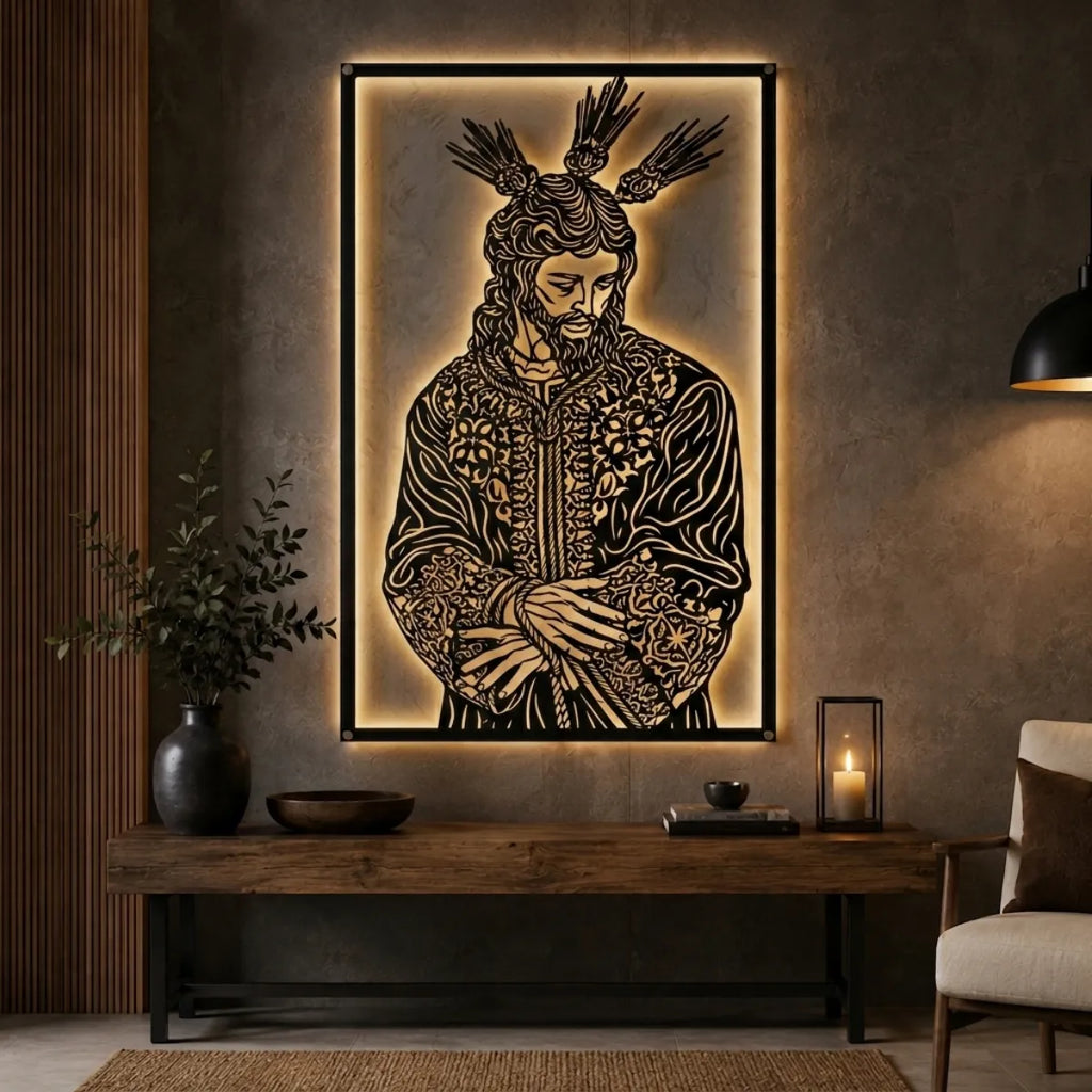 Cuadro decorativo religioso Jesús Cautivo en acero cortado a láser, acabado negro mate