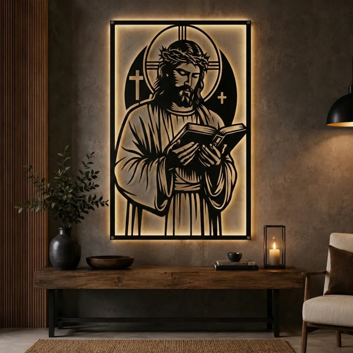 Cuadro decorativo religioso Jesús con la Biblia en acero cortado a láser, acabado negro mate