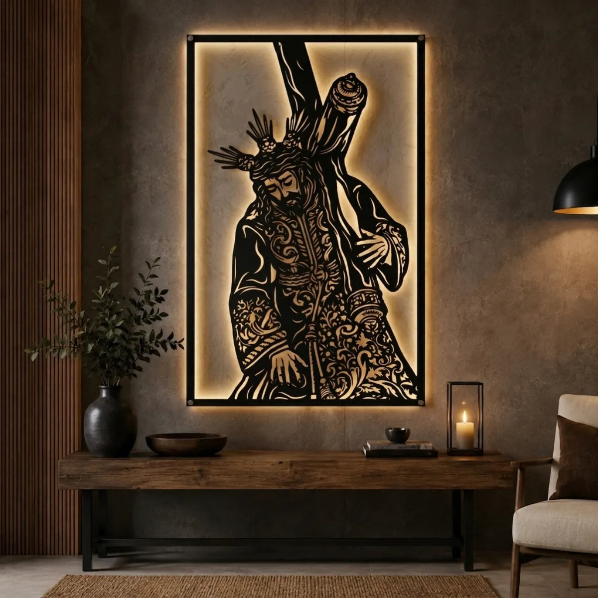 Cuadro decorativo religioso Jesús con la Cruz a Cuestas en acero cortado a láser, acabado negro mate