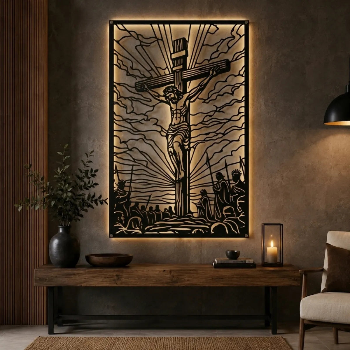 Cuadro decorativo religioso Jesús Crucificado en acero cortado a láser, acabado negro mate