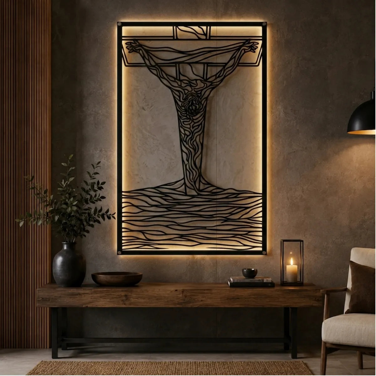 Cuadro decorativo religioso Jesús en la Cruz en acero cortado a láser, acabado negro mate