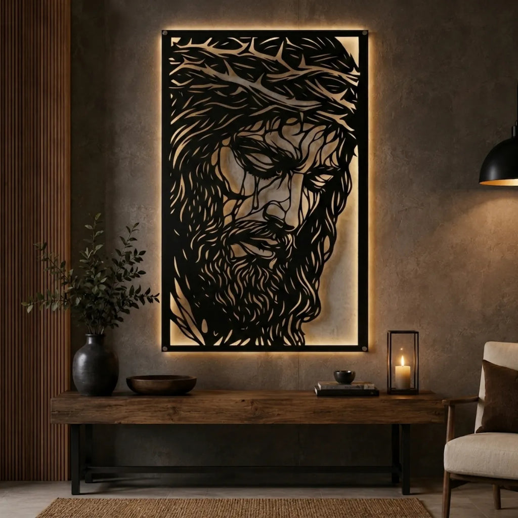 Cuadro decorativo religioso Pasión de Cristo en acero cortado a láser, acabado negro mate
