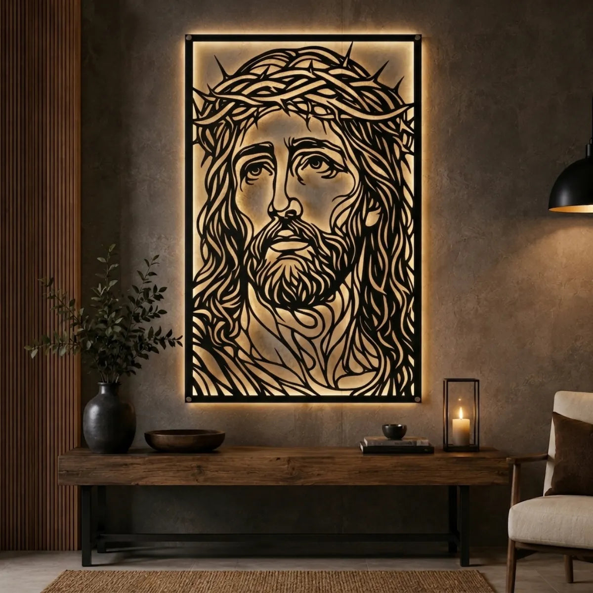 Cuadro decorativo religioso Rostro de Jesús Versión B en acero cortado a láser, acabado negro mate