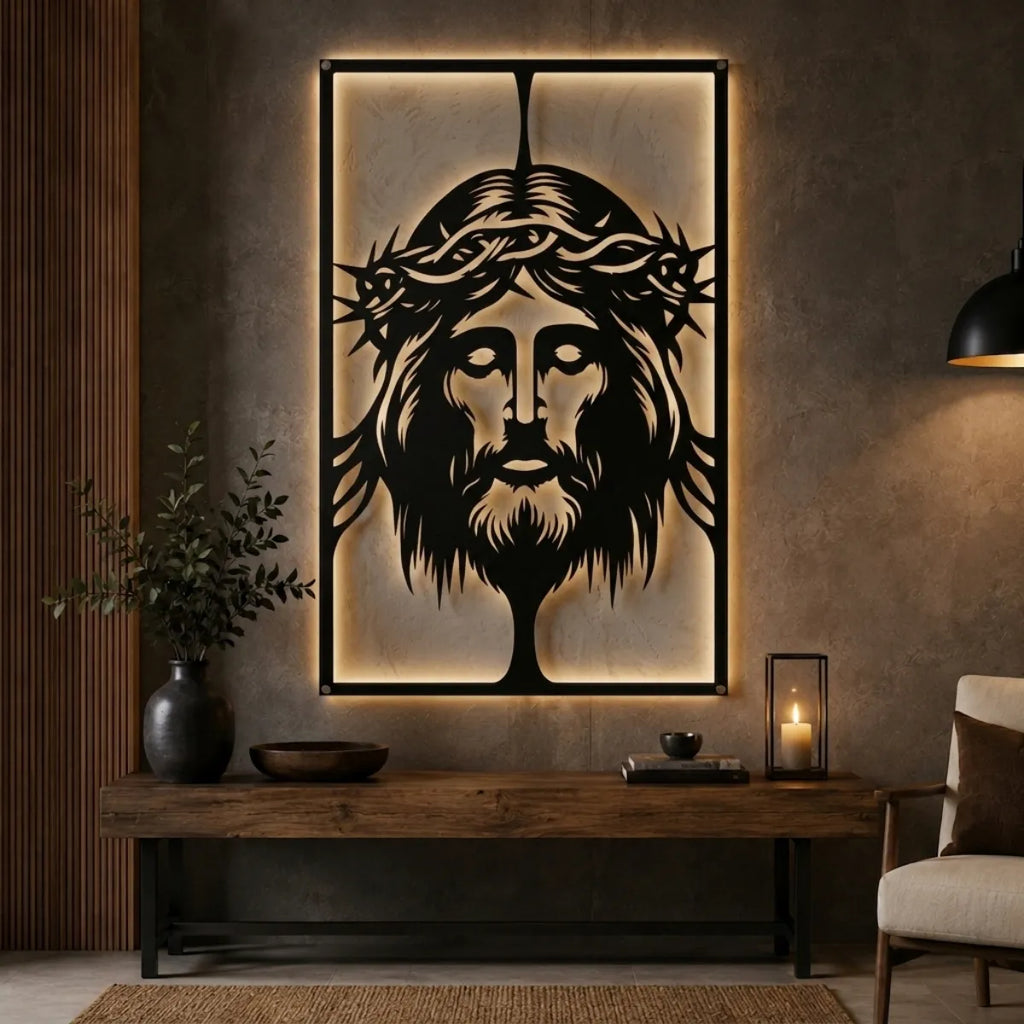 Cuadro decorativo religioso Rostro de Jesús Versión C en acero cortado a láser, acabado negro mate