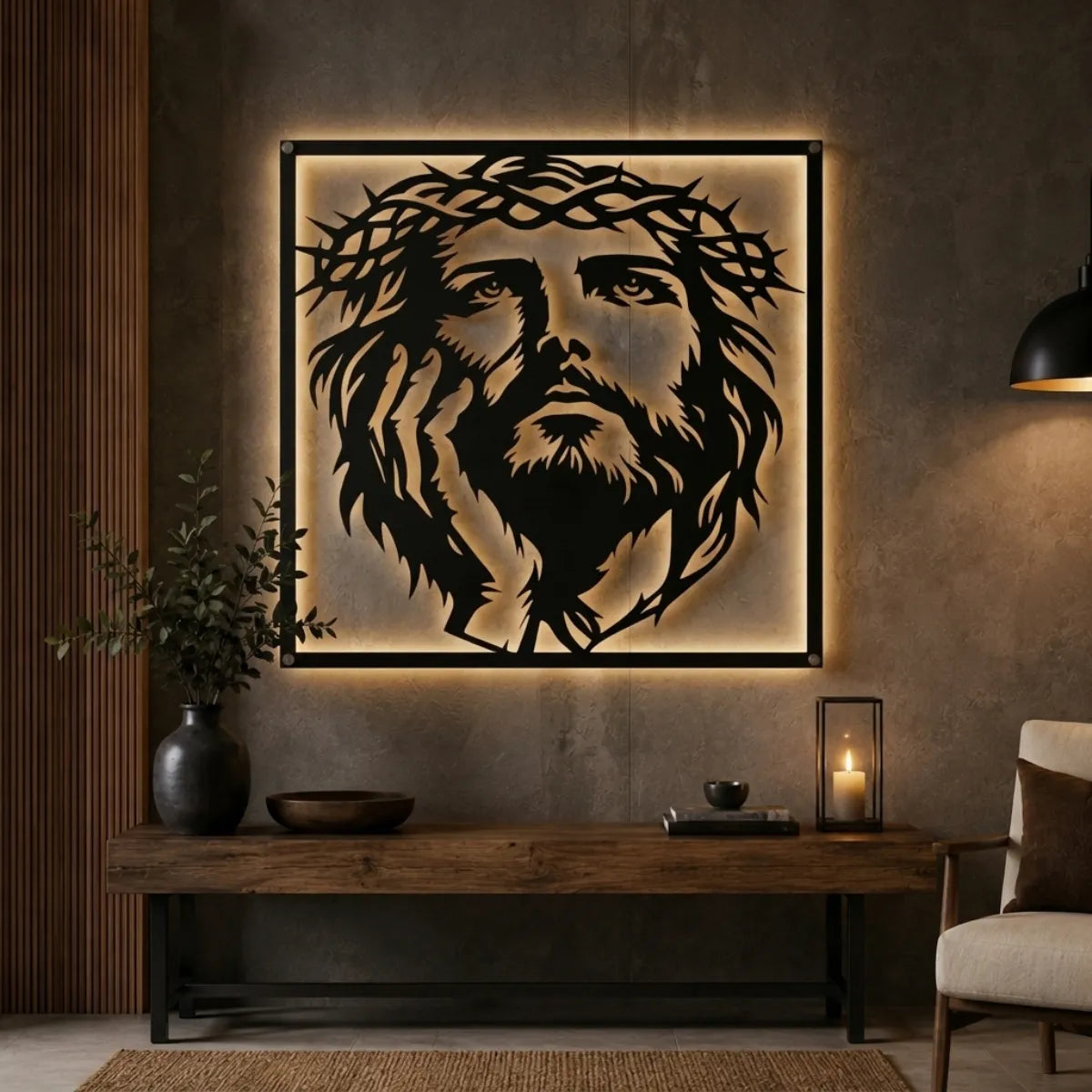 Cuadro decorativo religioso Rostro de Jesús Versión D en acero cortado a láser, formato cuadrado, acabado negro mate