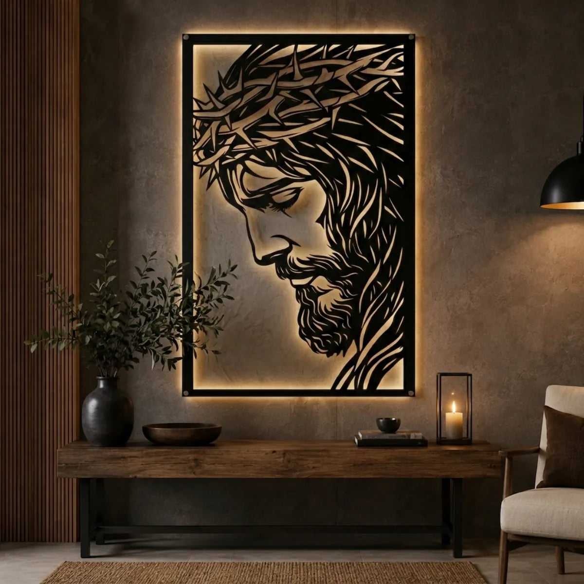 Cuadro decorativo religioso Rostro de Jesús Versión E en acero cortado a láser, acabado negro mate