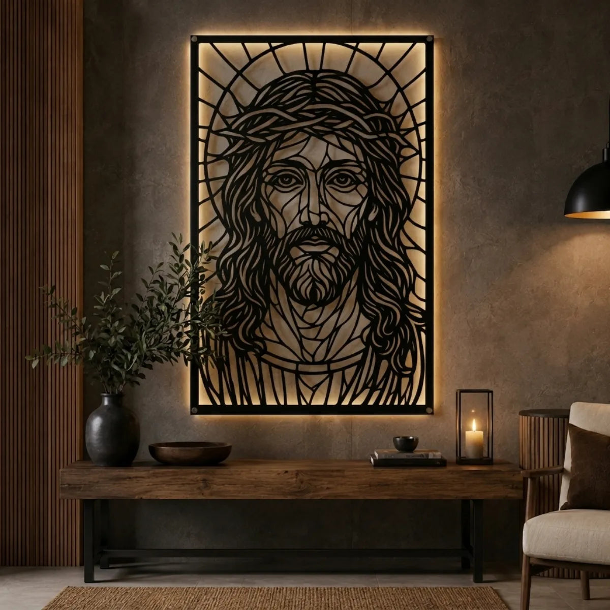 Cuadro decorativo religioso Rostro de Jesús en acero cortado a láser, acabado negro mate