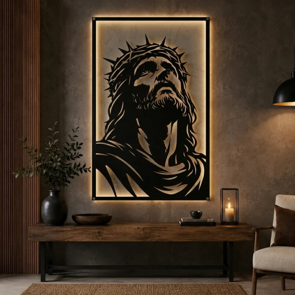 Cuadro decorativo religioso Sagrada Mirada en acero cortado a láser, acabado negro mate