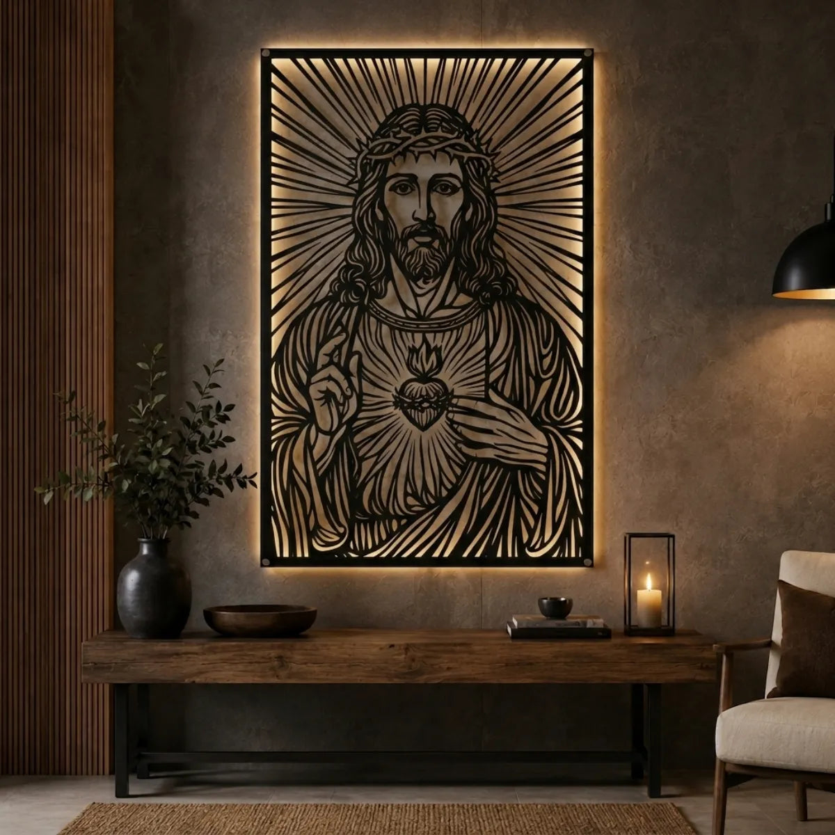 Cuadro decorativo religioso Sagrado Corazón de Jesús en acero cortado a láser, acabado negro mate
