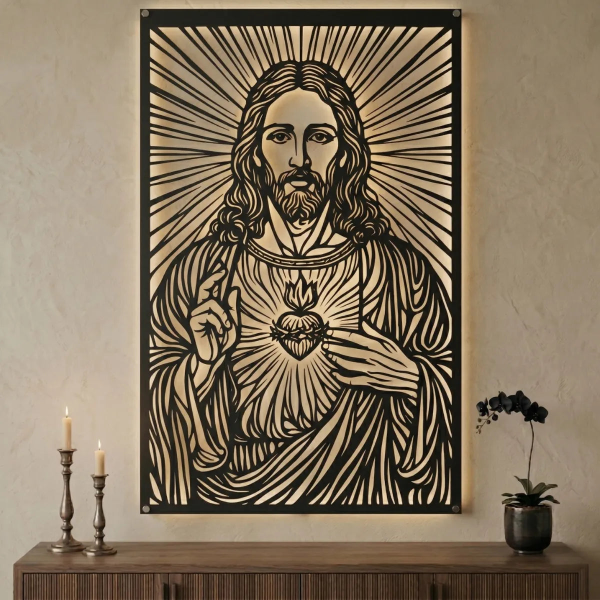 Cuadro religioso Sagrado Corazón de Jesús en acero en ambiente cálido
