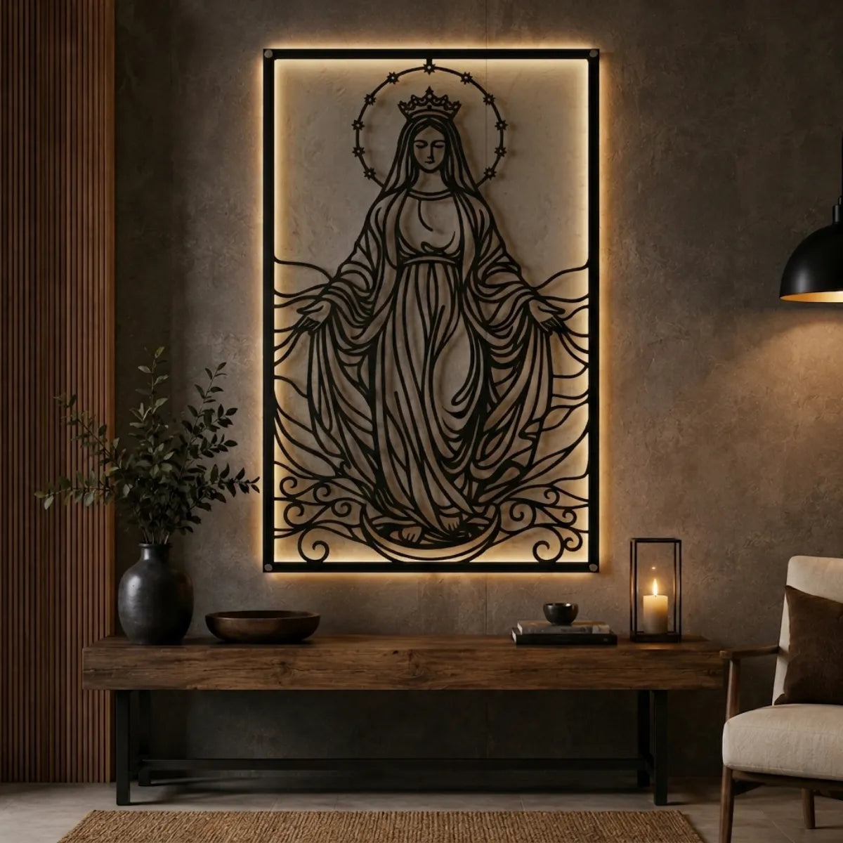 Cuadro decorativo religioso Virgen María en acero cortado a láser, acabado negro mate