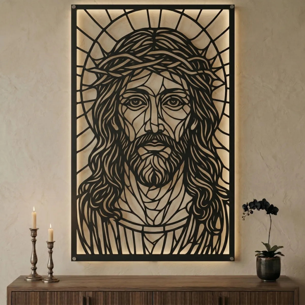 Cuadro religioso Rostro de Jesús en acero en ambiente cálido