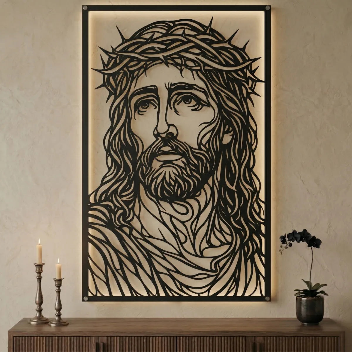 Cuadro religioso Rostro de Jesús Versión B en acero en ambiente cálido