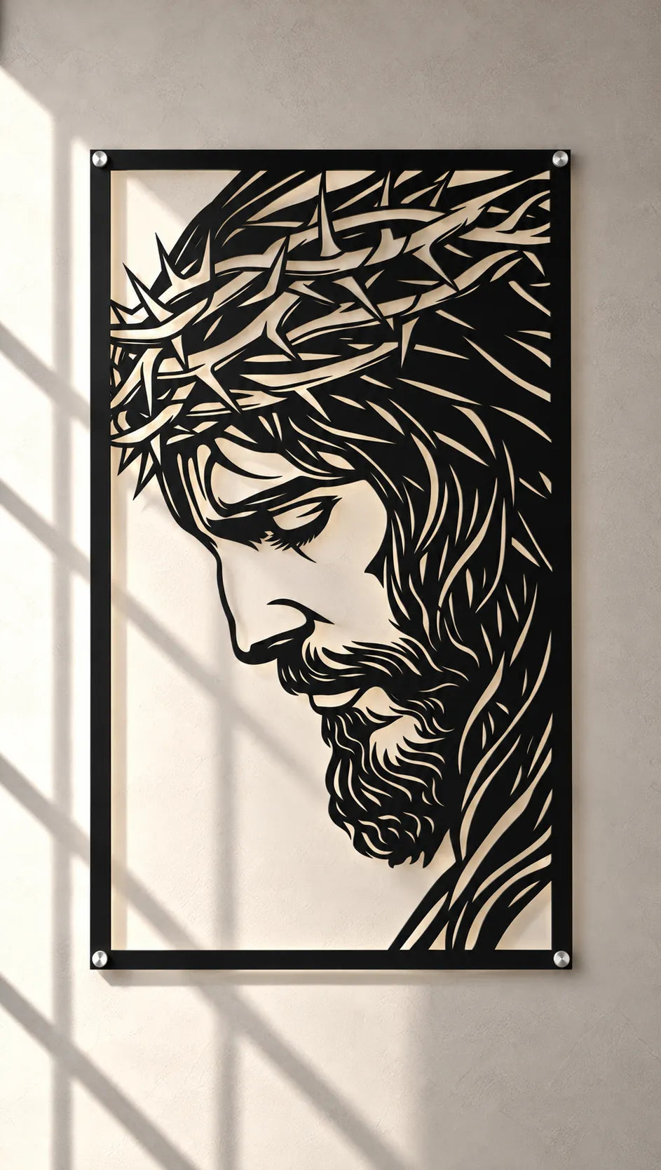 Cuadro religioso Rostro de Jesús Versión E en acero instalado en sala, iluminado