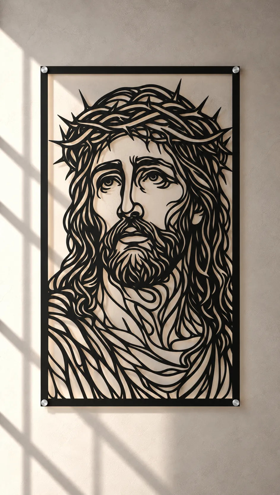 Cuadro religioso Rostro de Jesús Versión B en acero instalado en sala, iluminado