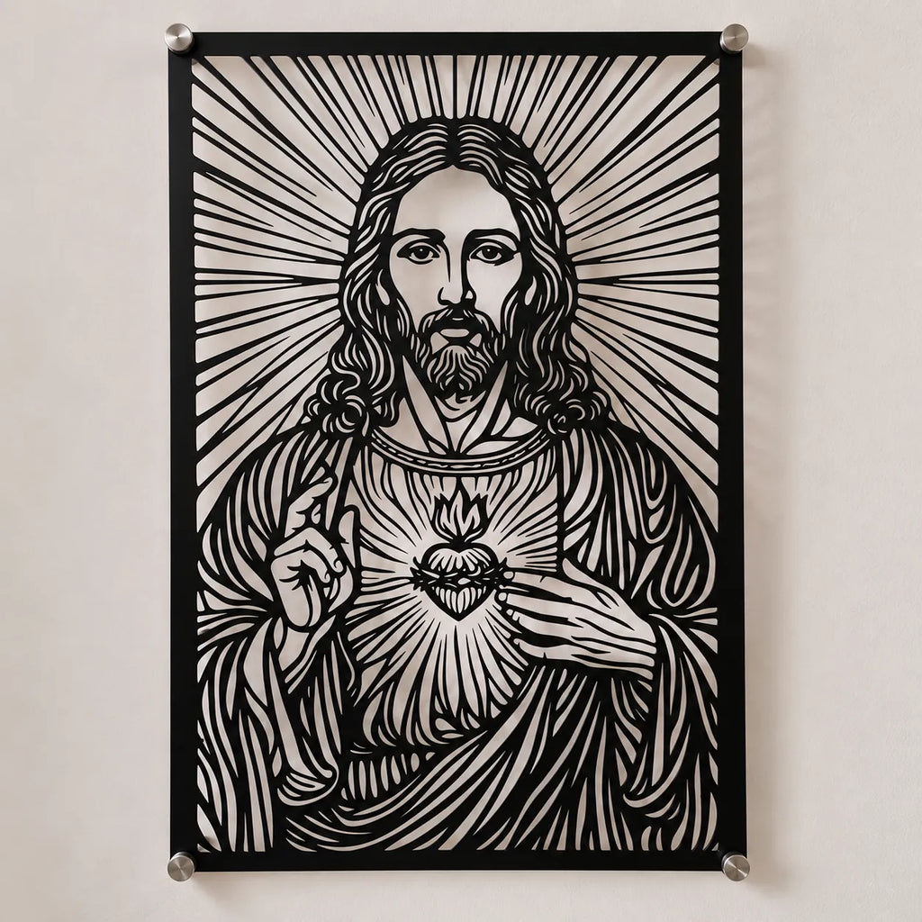 Cuadro religioso Sagrado Corazón de Jesús en acero instalado en sala, iluminado