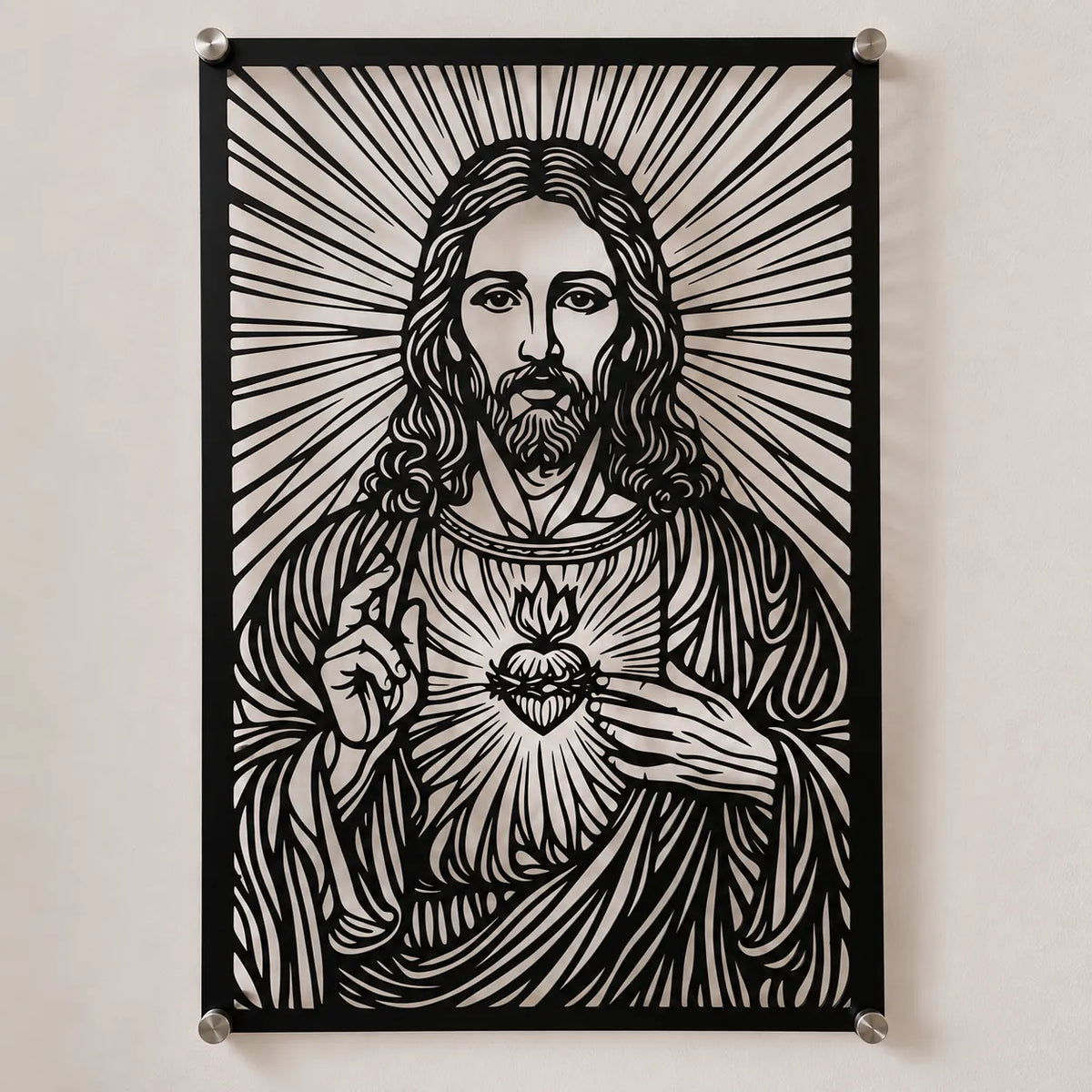 Cuadro religioso Sagrado Corazón de Jesús en acero instalado en sala, iluminado