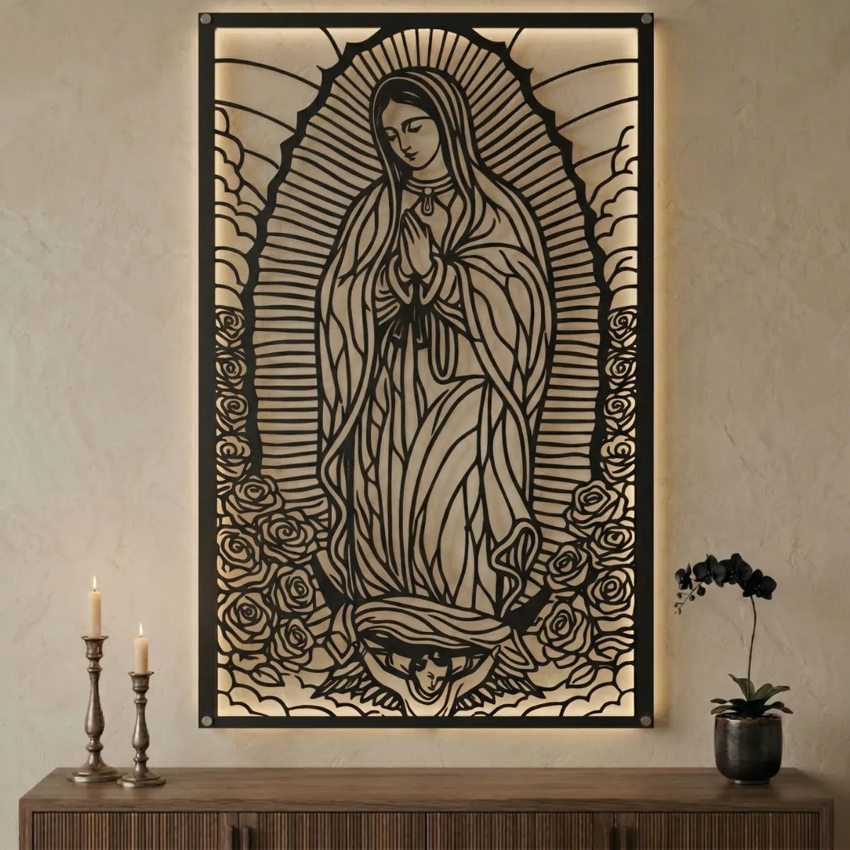Cuadro religioso Virgen de Guadalupe en acero en ambiente cálido