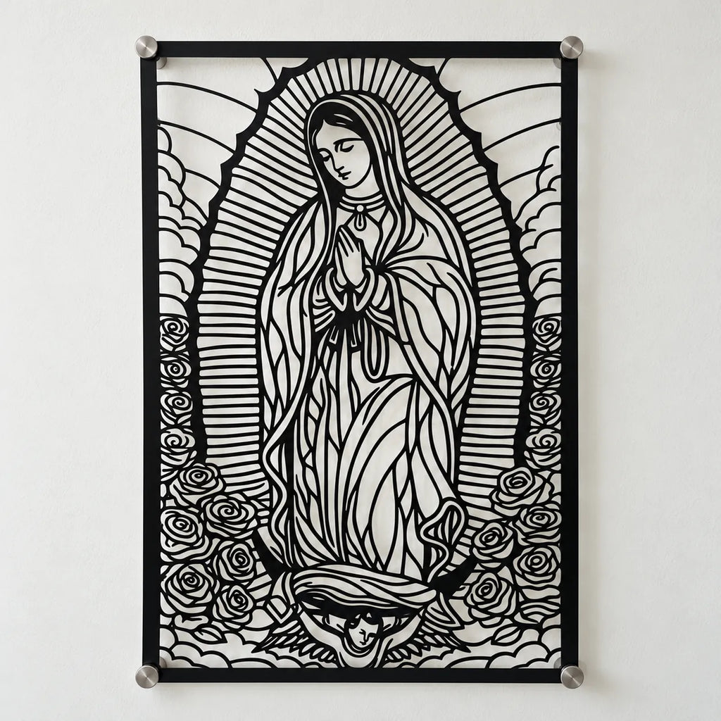 Cuadro religioso Virgen de Guadalupe en acero instalado en sala, iluminado