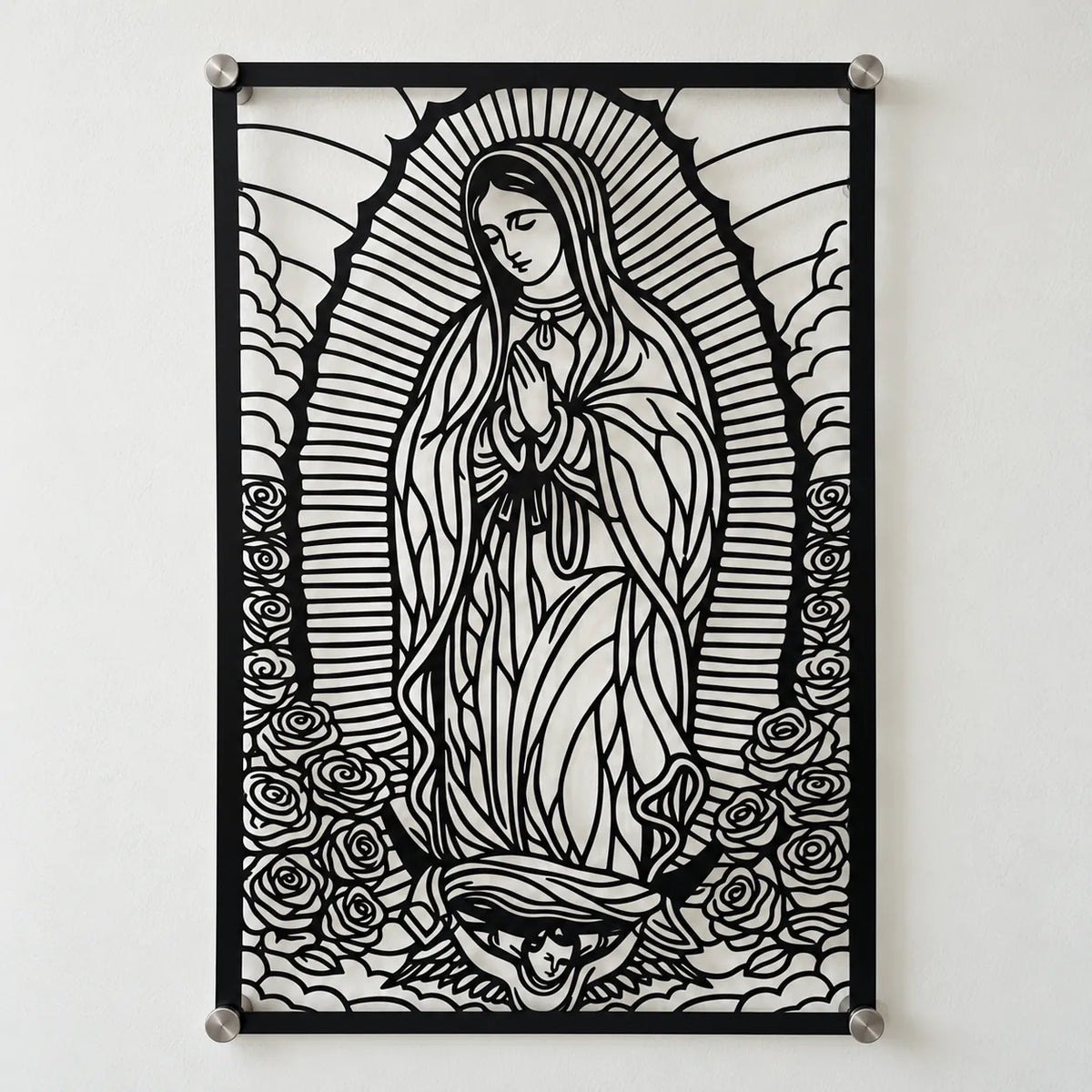 Cuadro religioso Virgen de Guadalupe en acero instalado en sala, iluminado