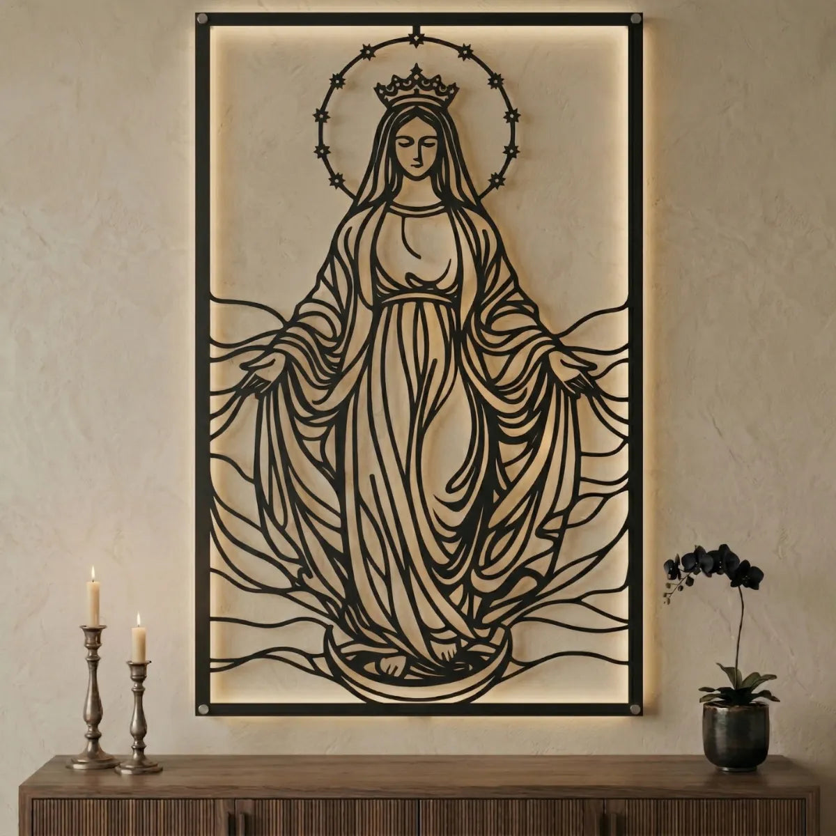 Cuadro religioso Virgen María en acero en ambiente cálido
