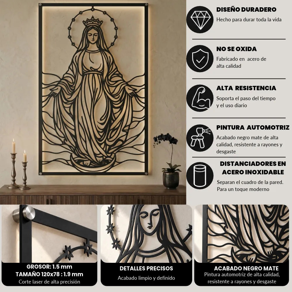 Características del cuadro Virgen María en acero