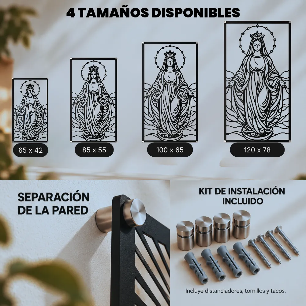 Tamaños disponibles del cuadro Virgen María en acero
